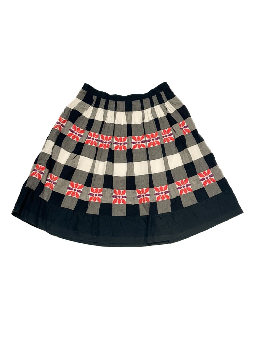 Anthropologie Floreat Floral Embroidery Do Si Do Plaid 100% Cotton Midi Skirt